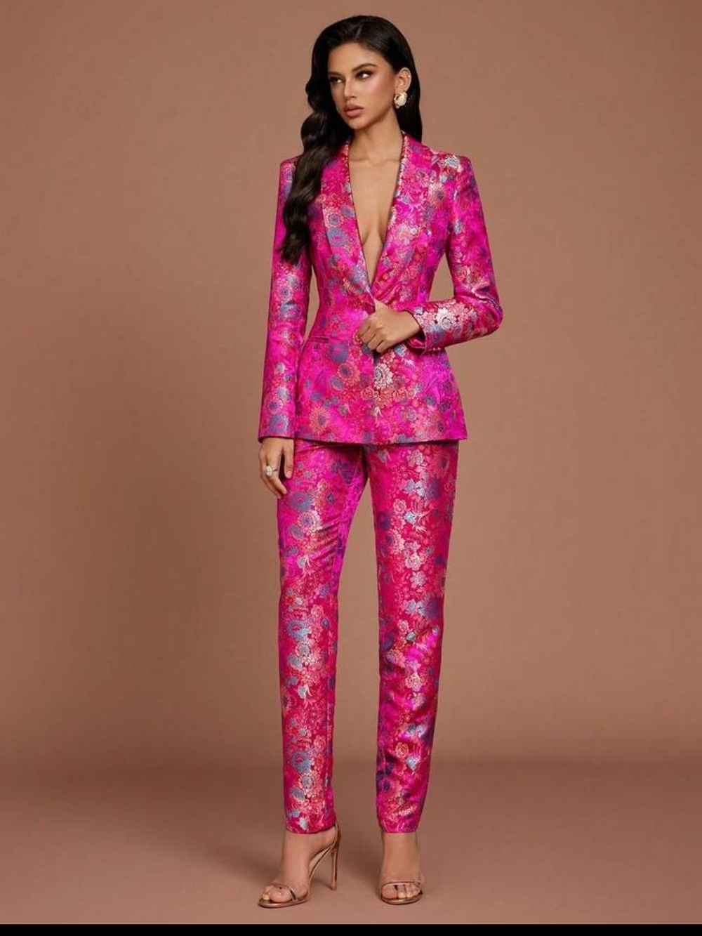 SHEIN Pink Floral Brocade Blazer & Pant Suit